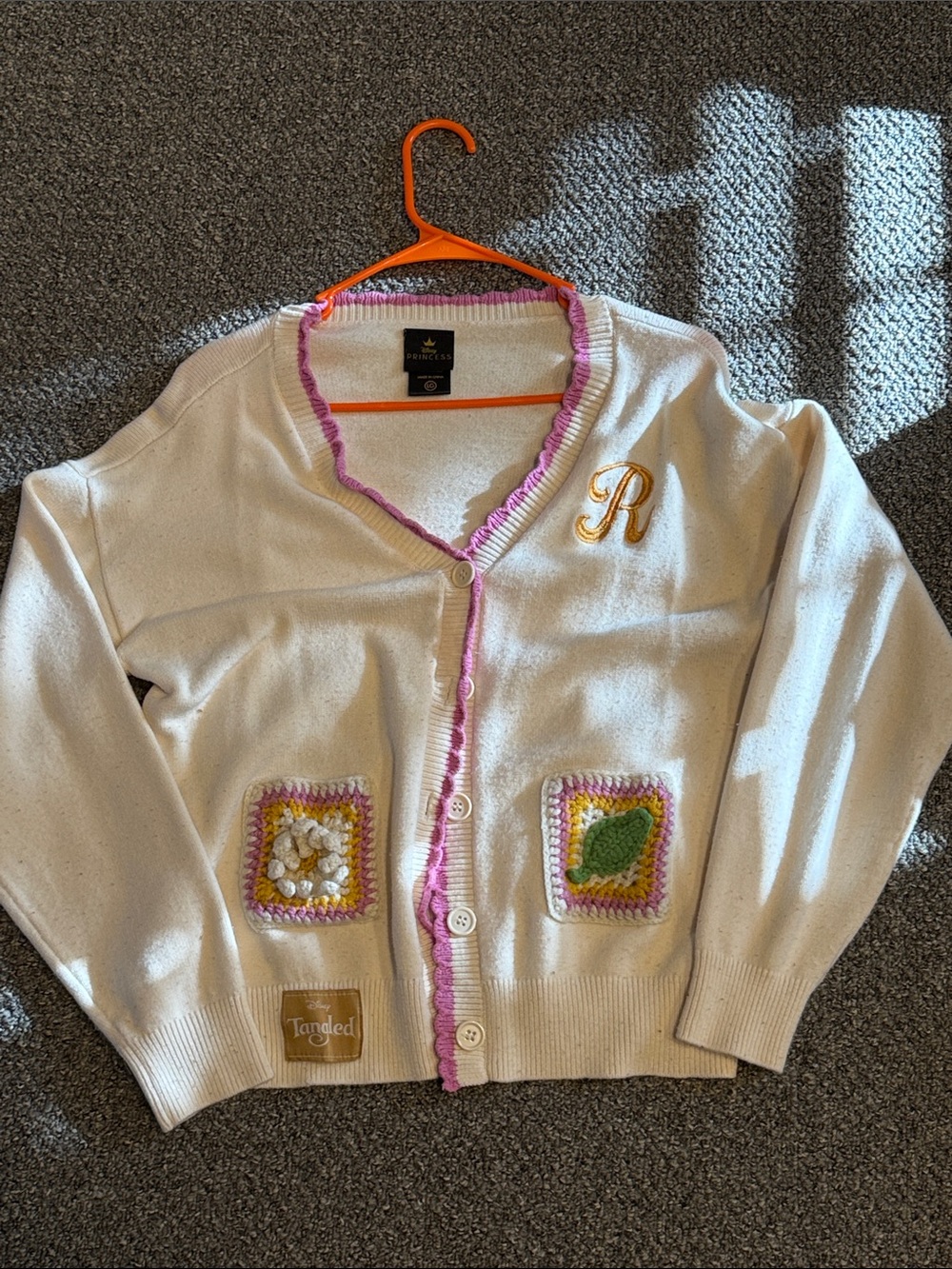 Disney Tangled Rapunzel Cardigan with Pink Trim and Crochet Pockets